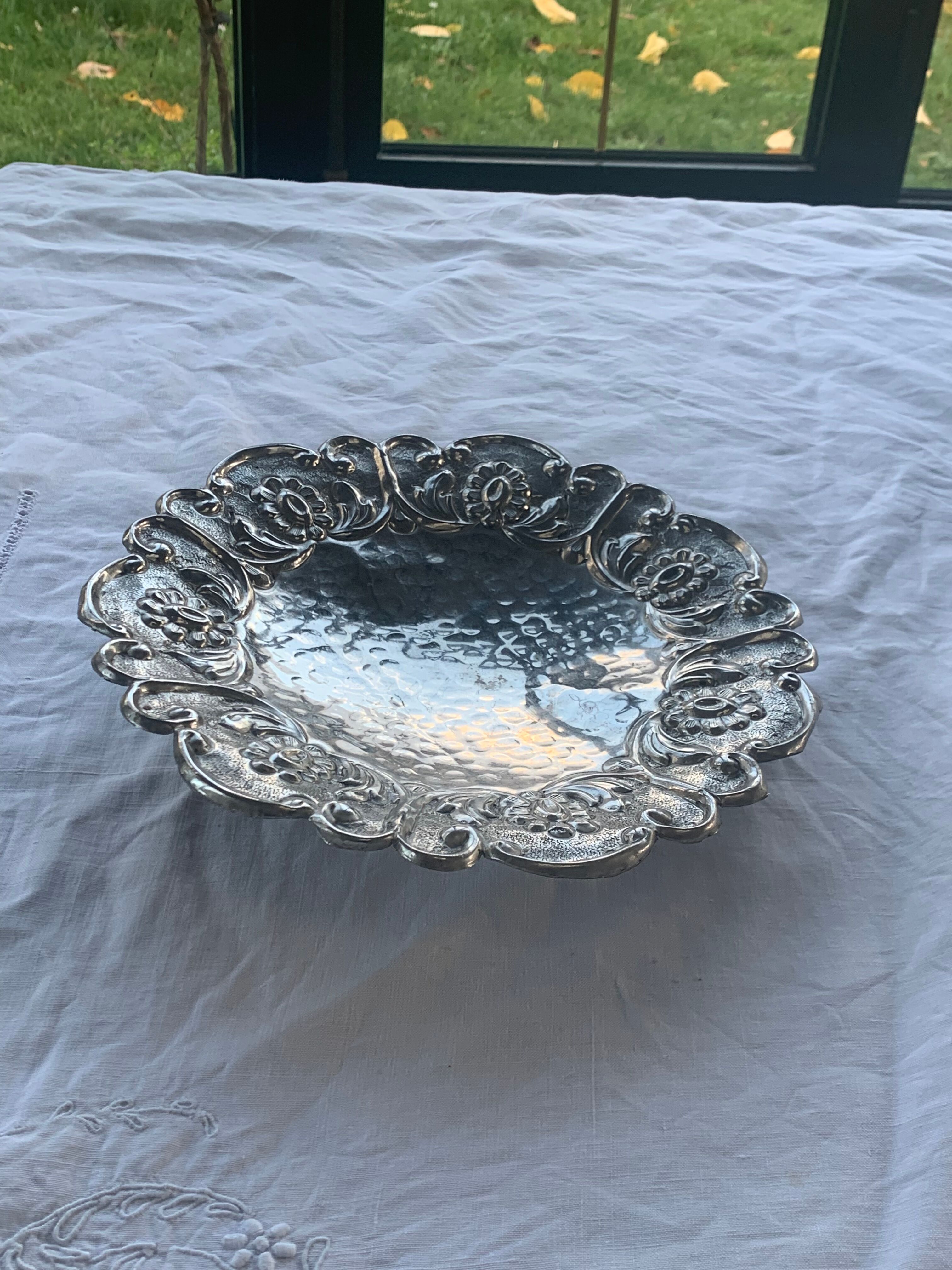 Hammered metal fruit cup vintage floral pattern