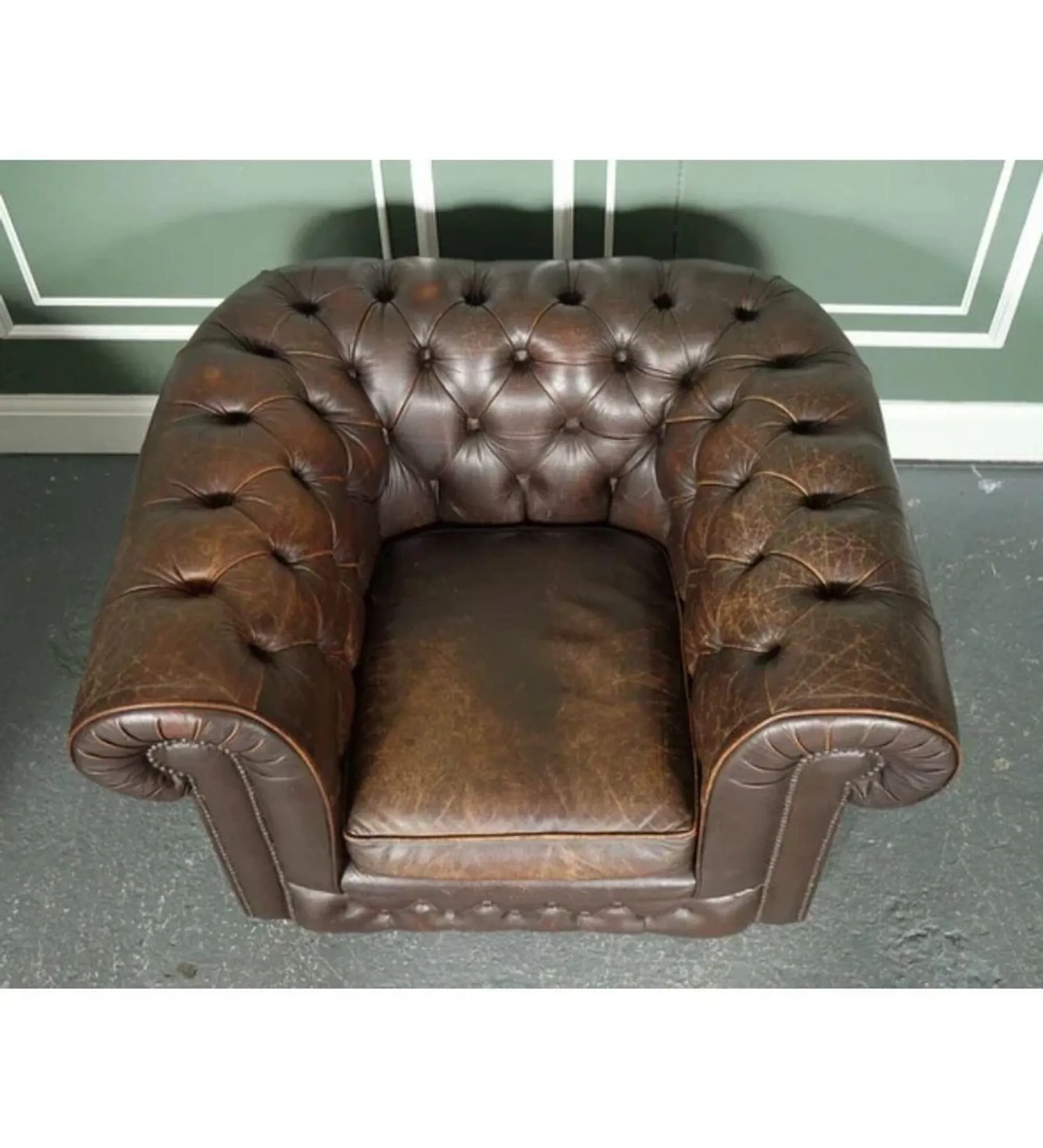 Vintage Brown Leather Chesterfield Club Tub Chairs, Set of 2