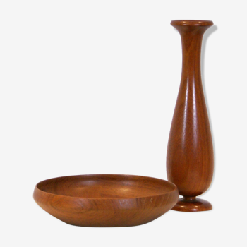 Danish modern hand-carved teak bowl and vase