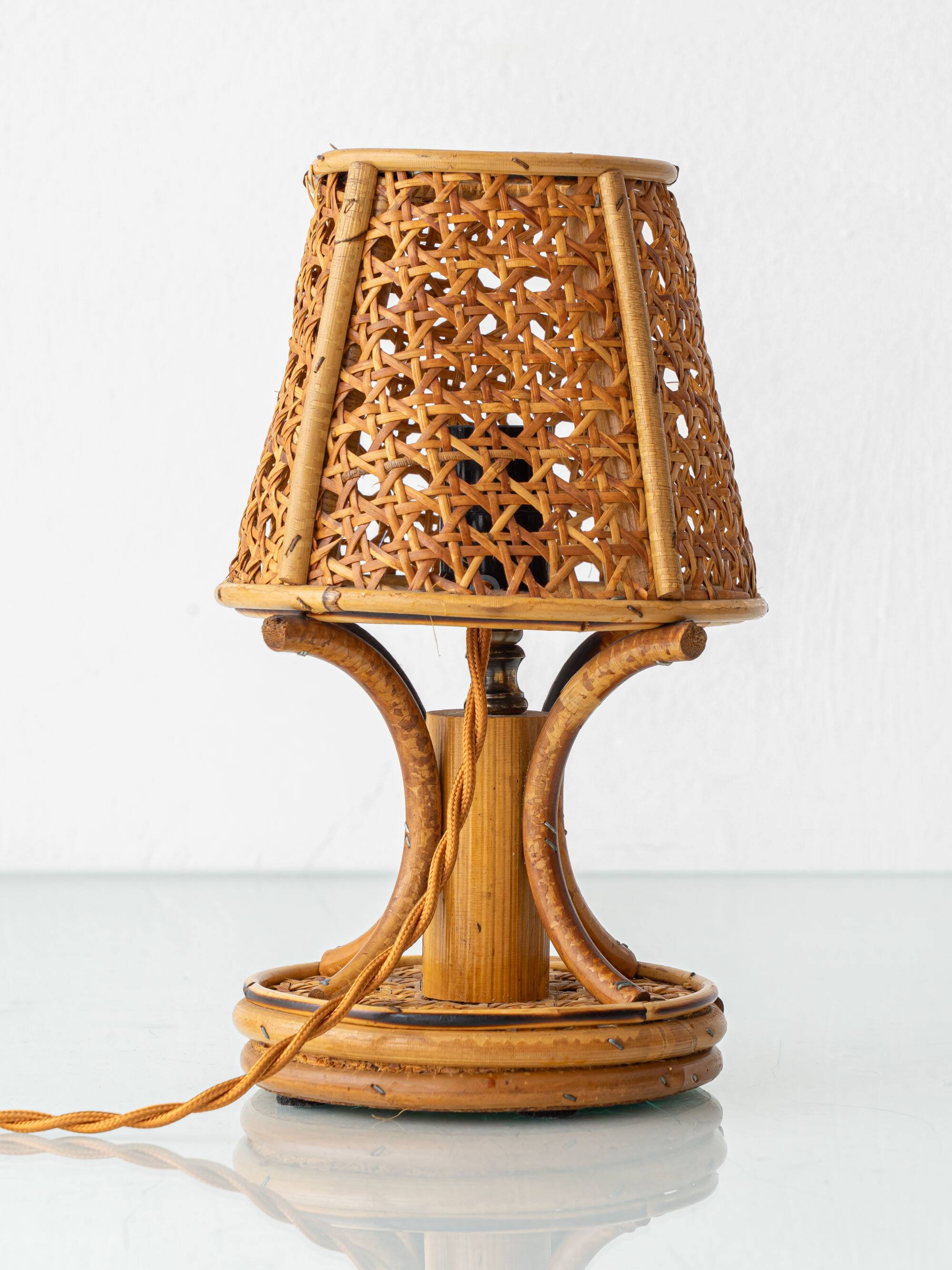 French Riviera Bamboo Rattan Table Lamps, Pair, Vienna Straw Shades, 1960s