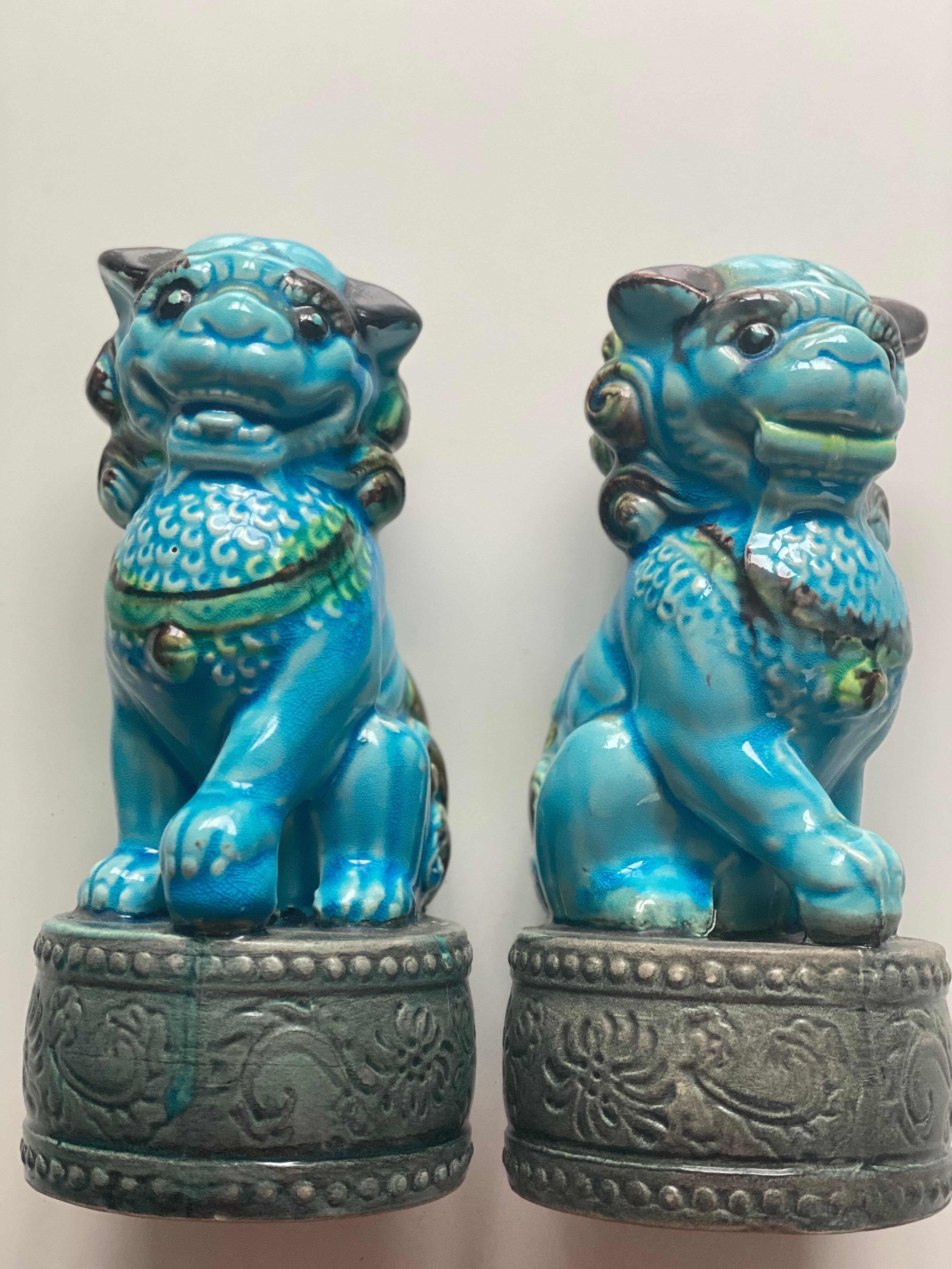 Pair of Chinese Blue Ceramic Foo Dogs