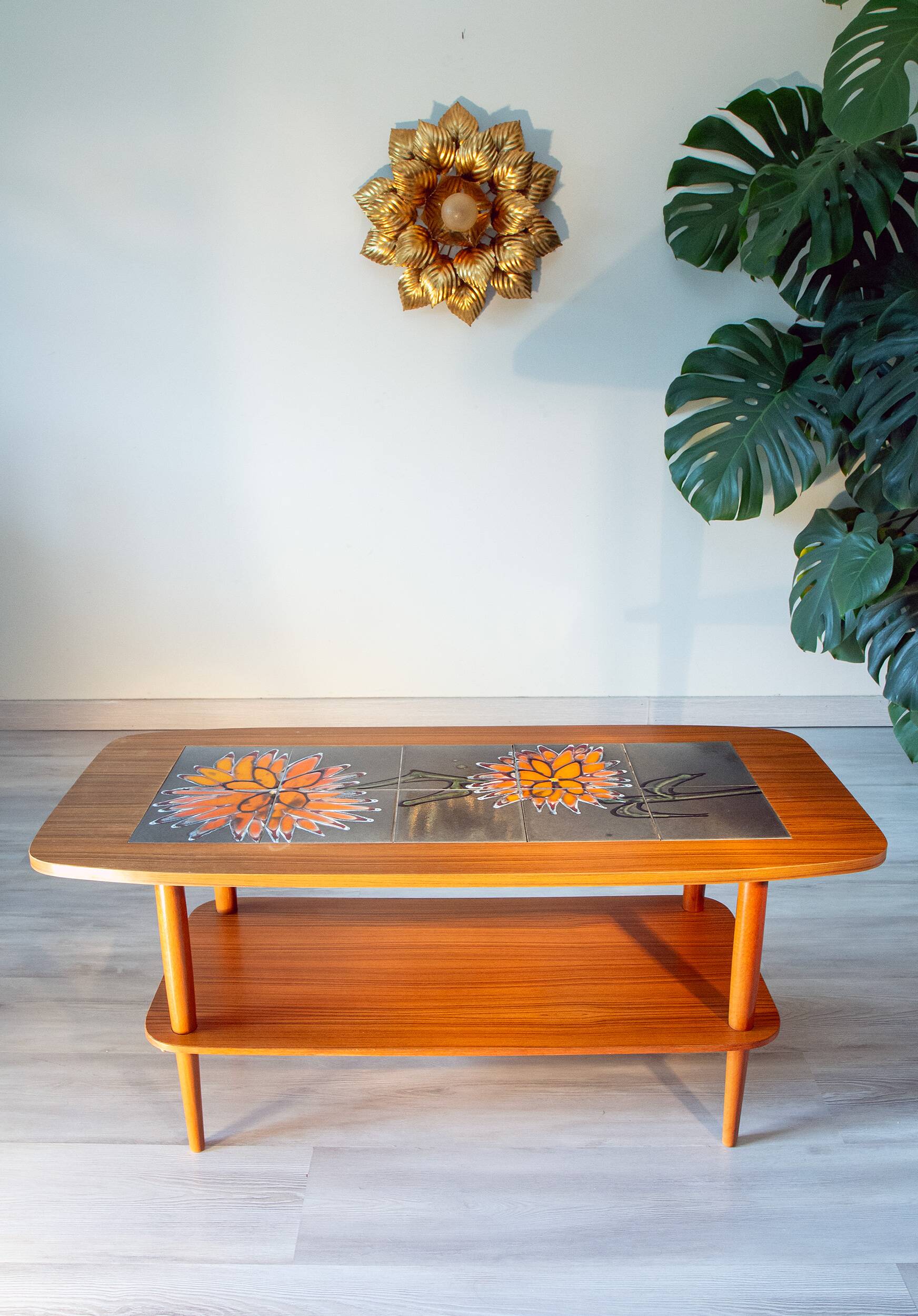 Ceramic and teak coffee table, Scandinavian design from the 60s