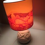 Ovoid lamp in carved stone and printed lampshade / vintage 60-70s