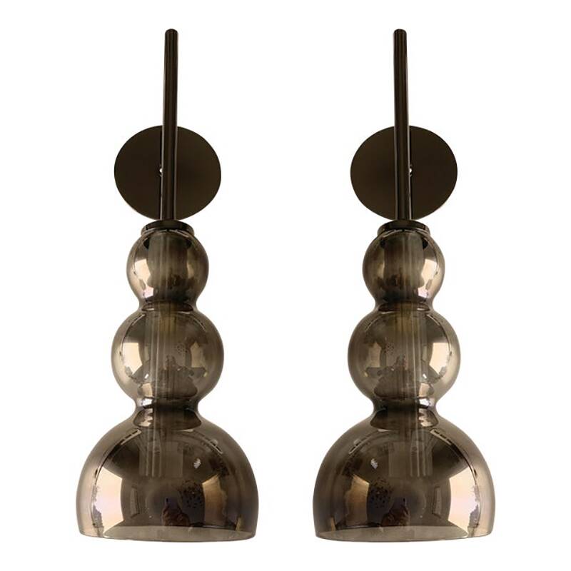 Set of Two Contemporary Smoked in Black Nickel Wall Sconces