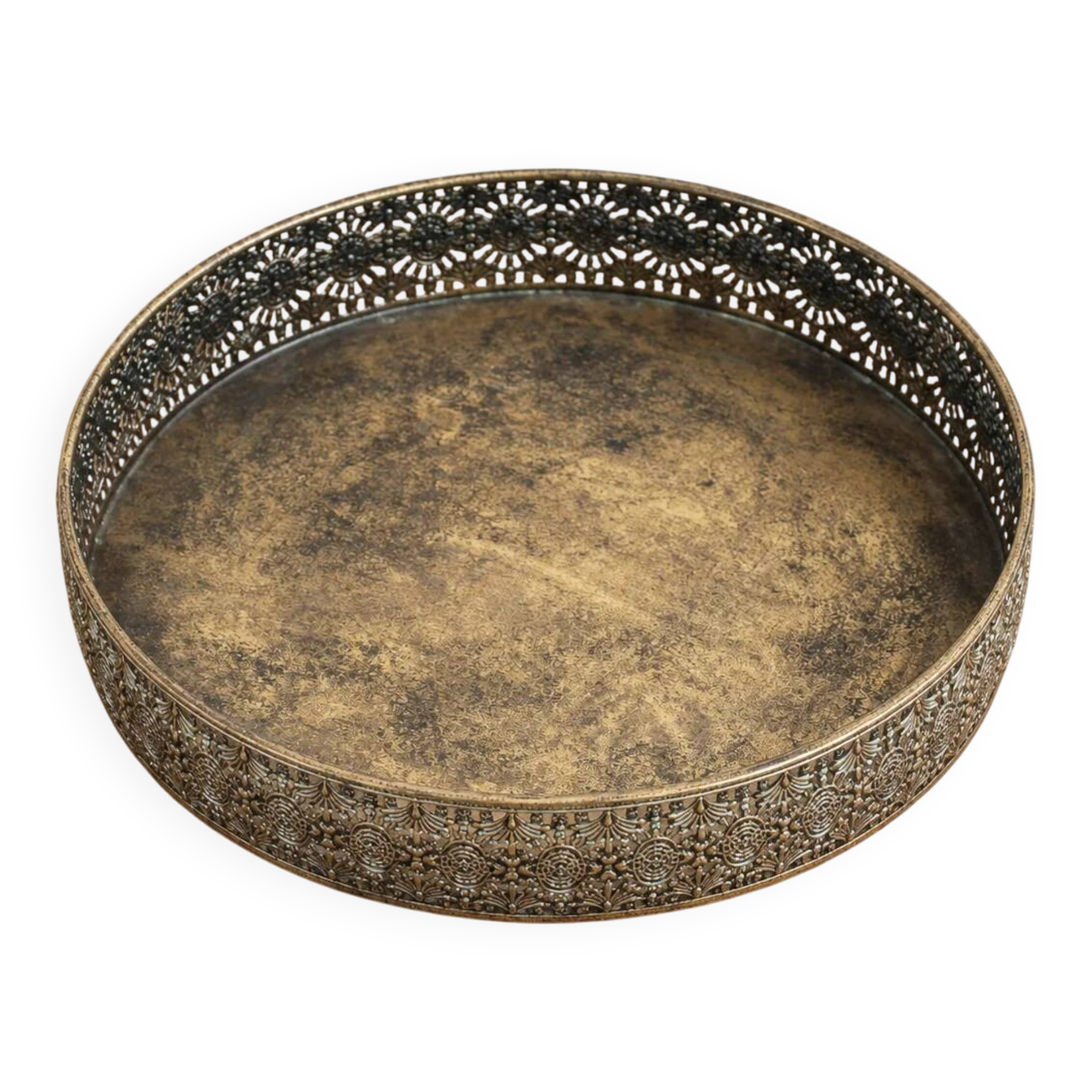 Round metal plate in patinated gold with an openwork border – D30 cm