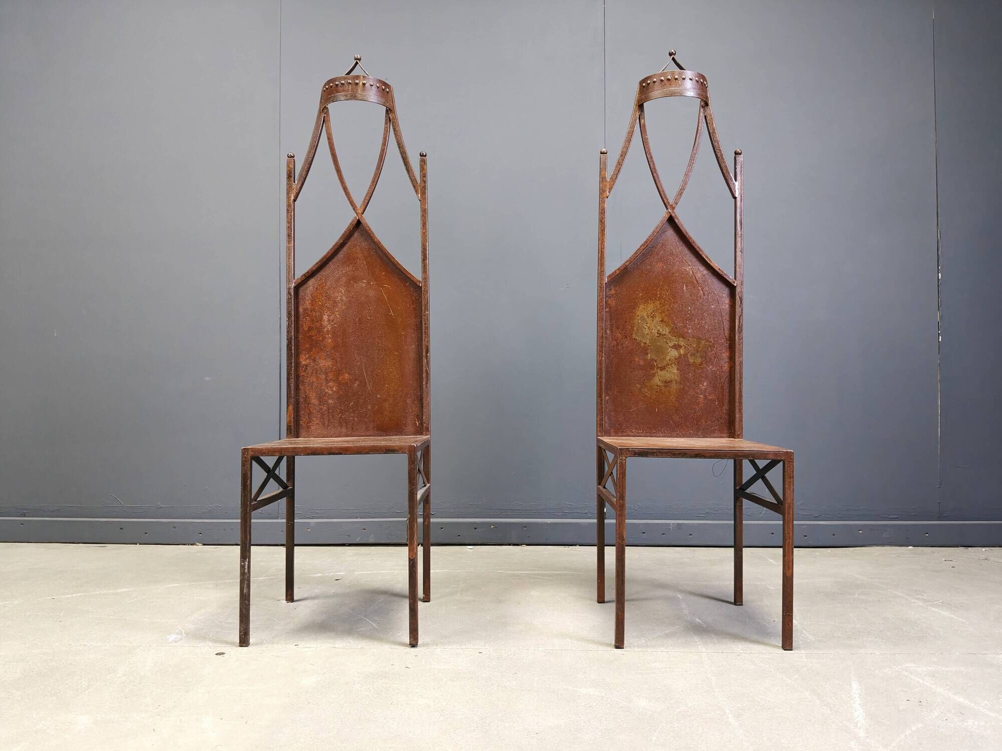 Pair of gothic french high back side chairs, 1960s