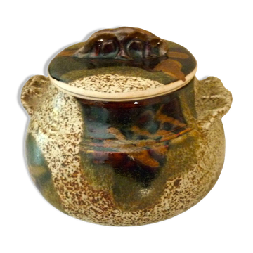 Légumier, pot couvert céramique émaillée d'art, années 70, signature à identifier