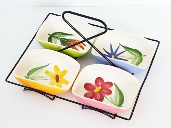 Panier 4 coupelles apéritif céramique vintage France 1950