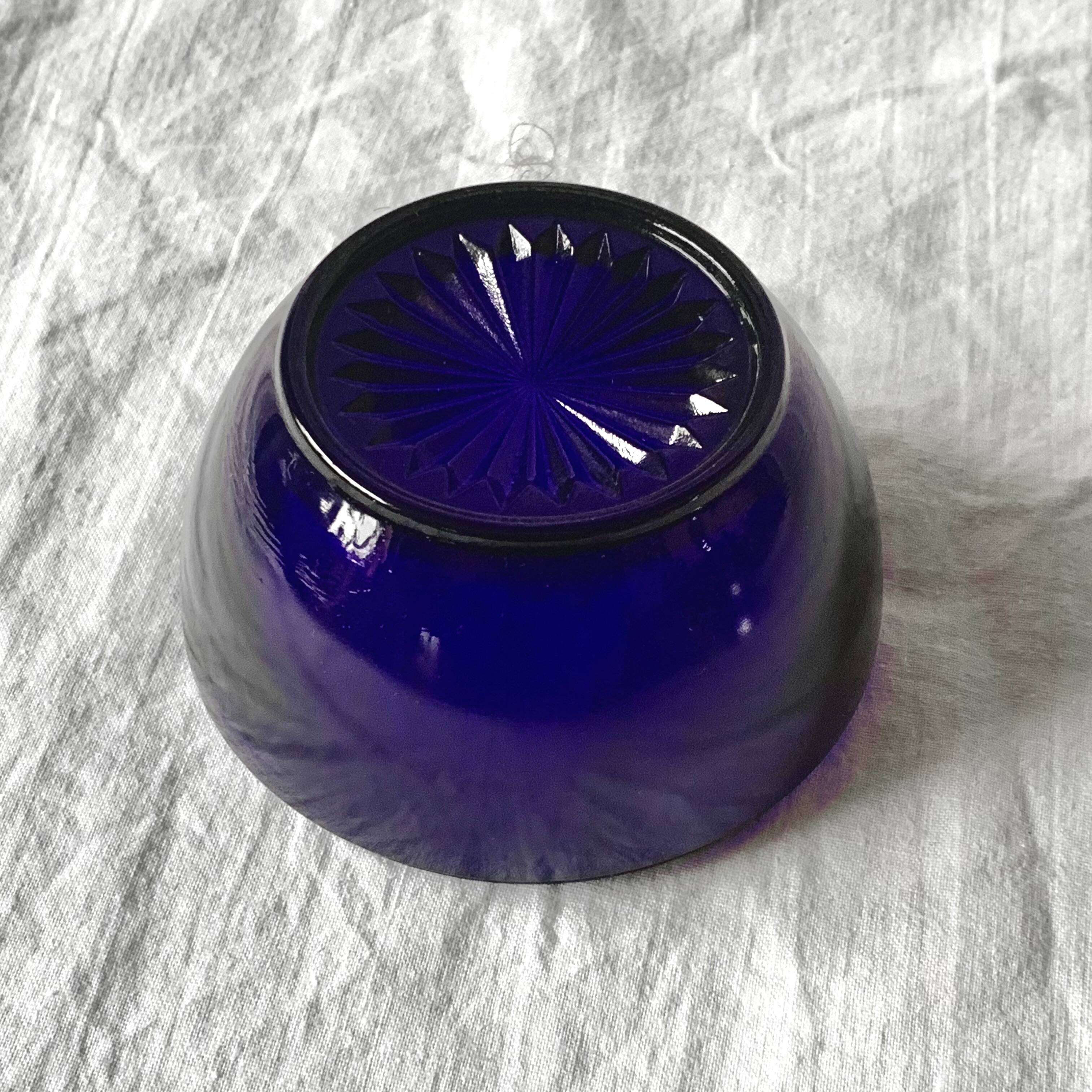 Vintage pear jam and sugar bowl in chromed metal and cobalt blue glass