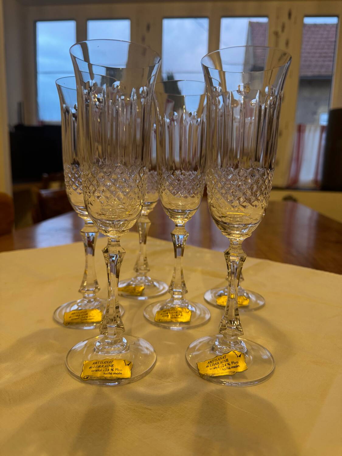 Set of 6 crystal champagne glasses, 1960s.