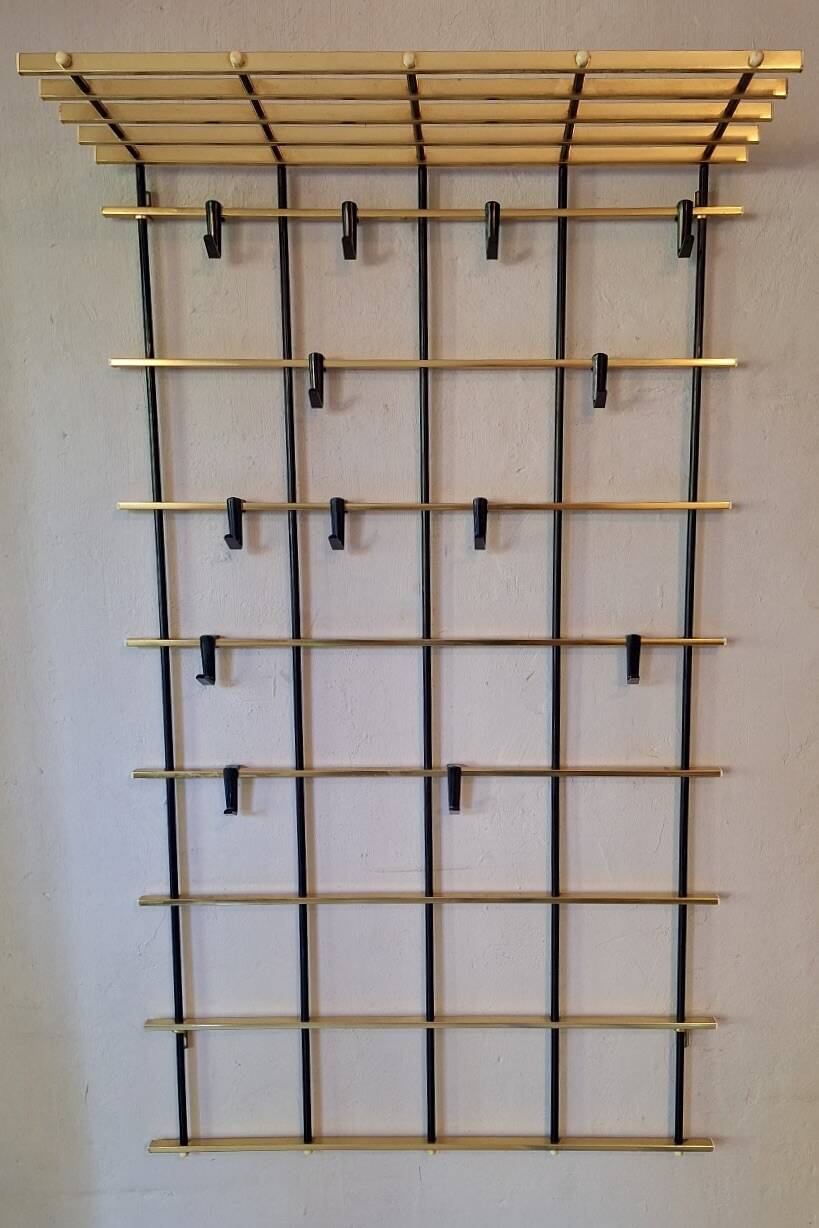 Wall-mounred brass and metal coat and hat rack, 1960s
