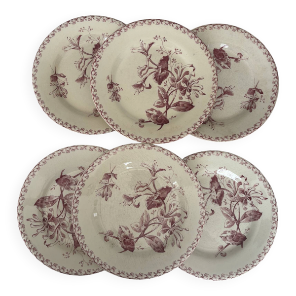 Lot de six assiettes, terre de fer, rouge, Gien, chèvrefeuille, faïenc