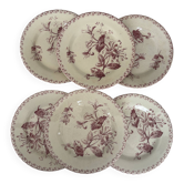 Lot de six assiettes, terre de fer, rouge, Gien, chèvrefeuille, faïenc