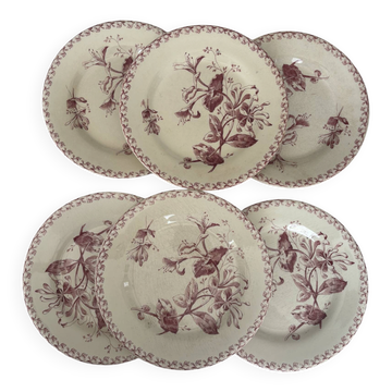 Set of six plates, ironstone, red, Gien, honeysuckle, earthenware.