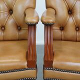 Set of 4 cowhide leather Chesterfield dining chairs in light cognac colour