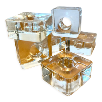 Set of 6 square molded glass candle holders