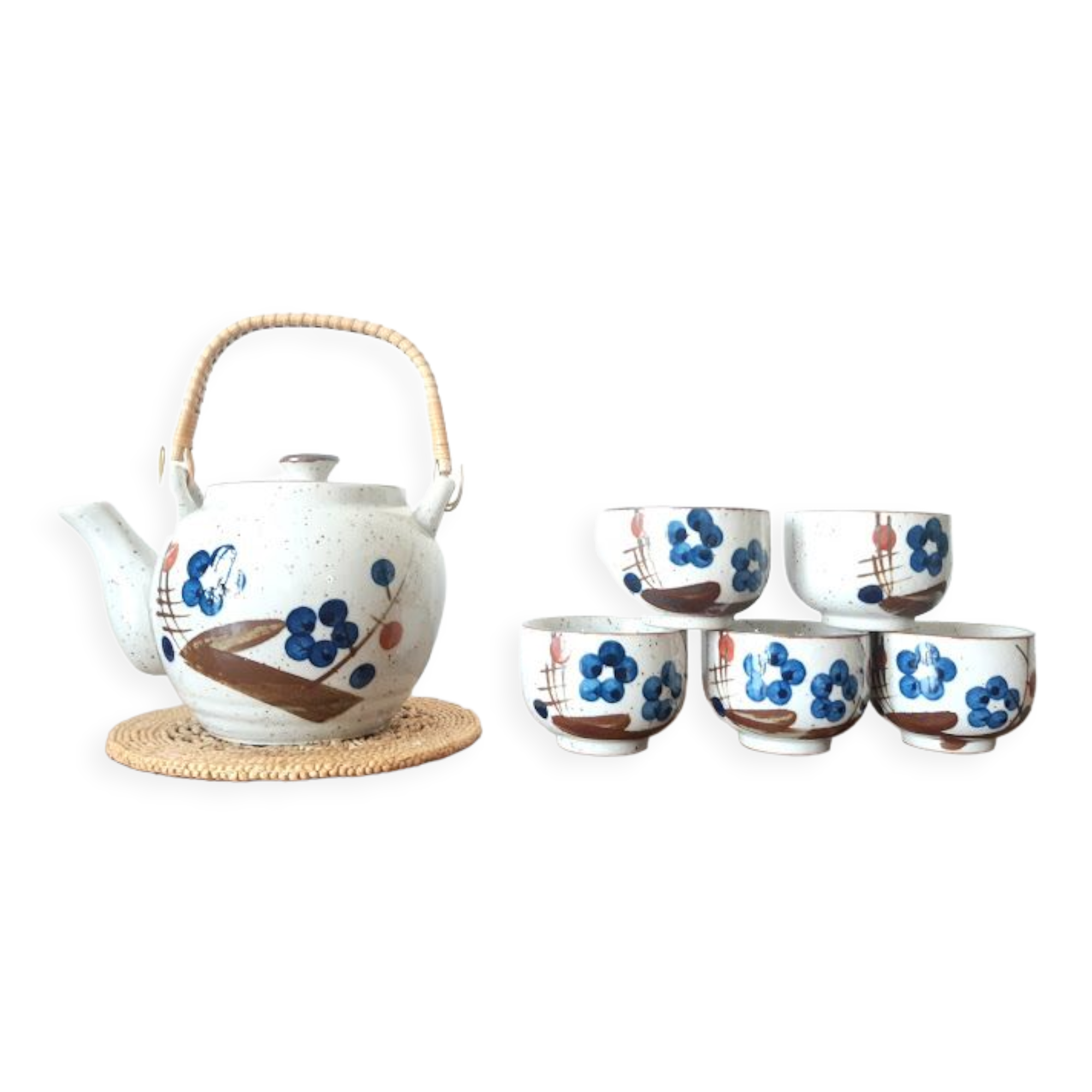 Stoneware tea set with currants, vintage Japan