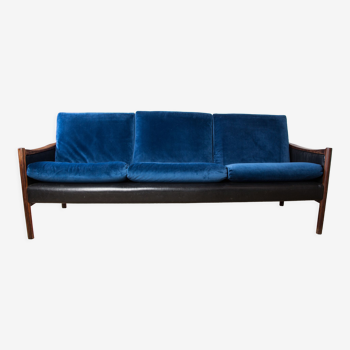 Danish sofa in rosewood leather and fabric by Torbjorn aAdal for Bruksbo 1960