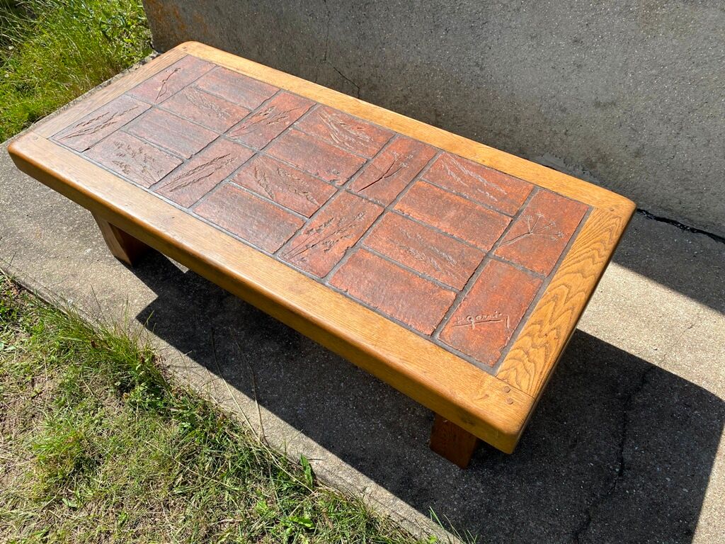 Coffee table herbarium solid oak and ceramic 1950