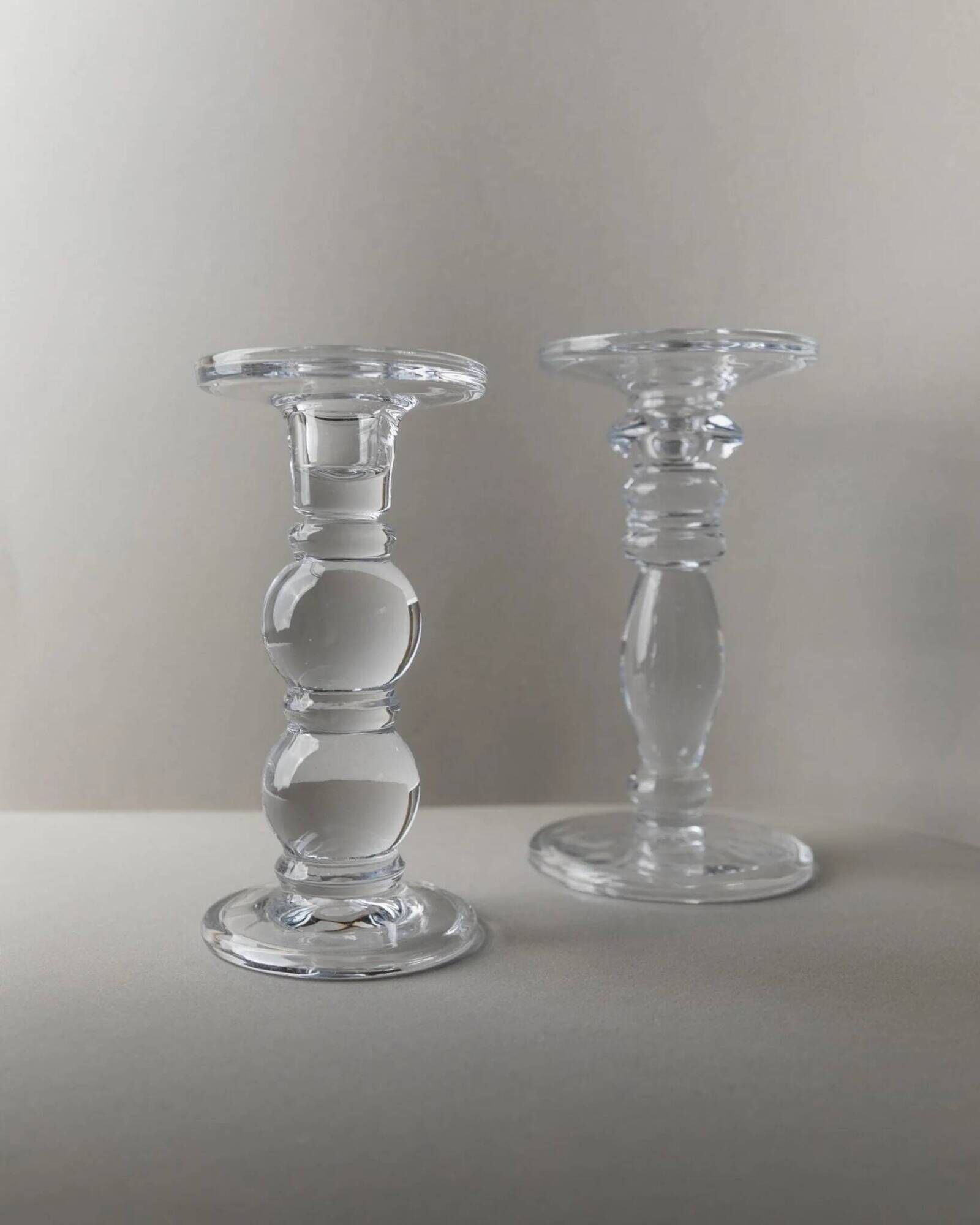 Two Clear Glass Candle Holders, 1990s Italy - Simple Timeless Ball Design, Retro Table Decor Gift
