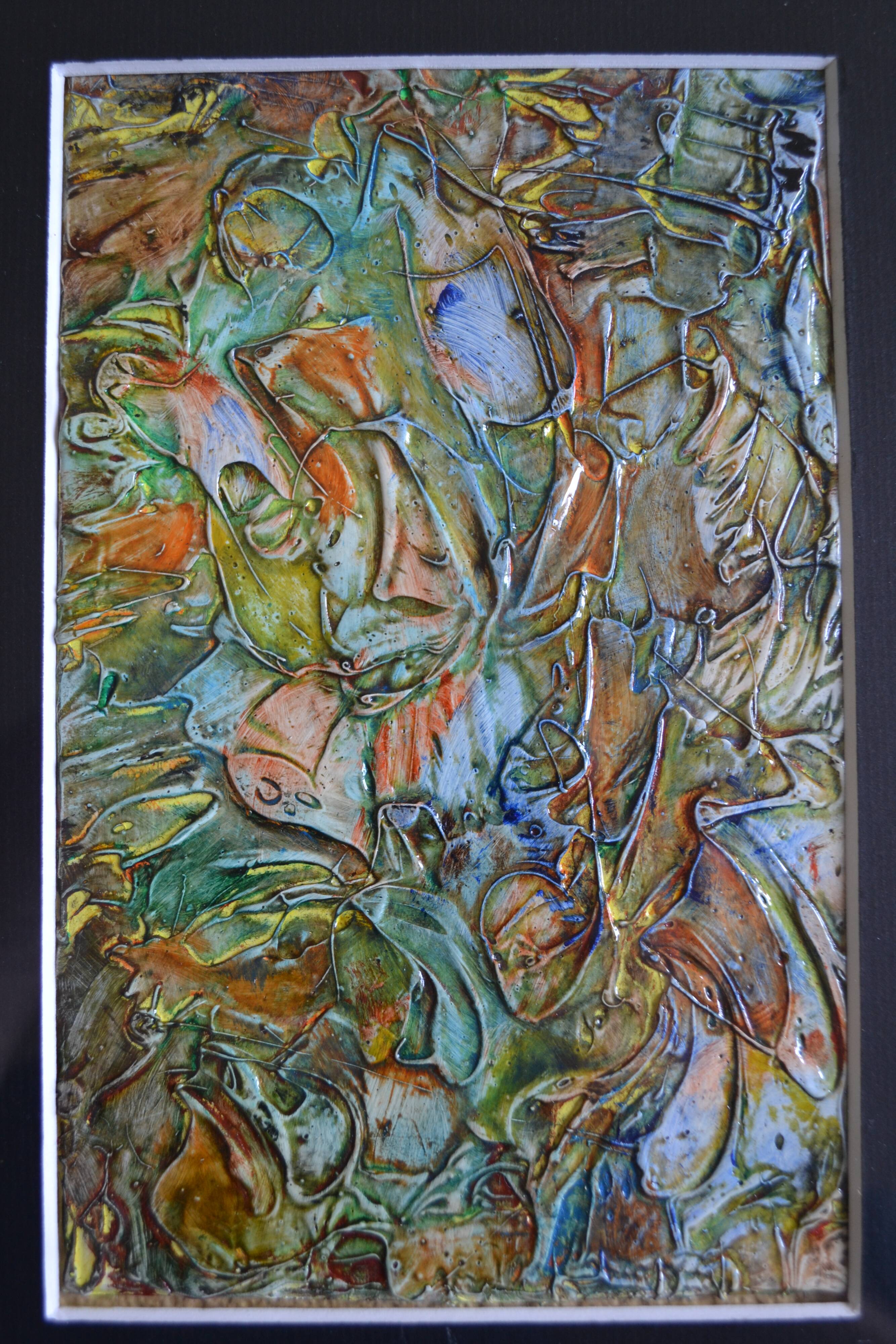 Framed abstract painting under glass