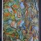 Framed abstract painting under glass