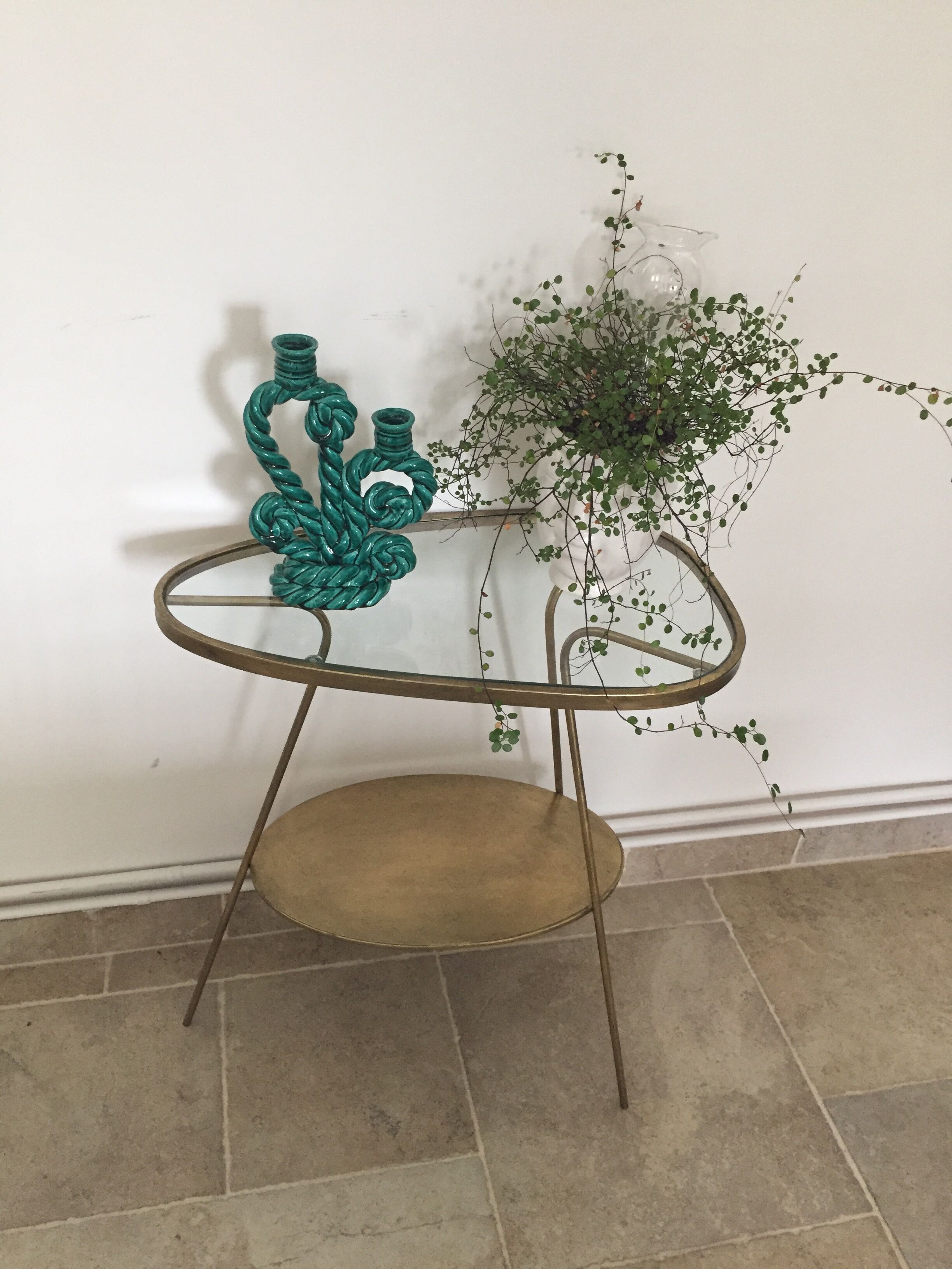 Double candlestick in green twisted ceramic vintage 50s