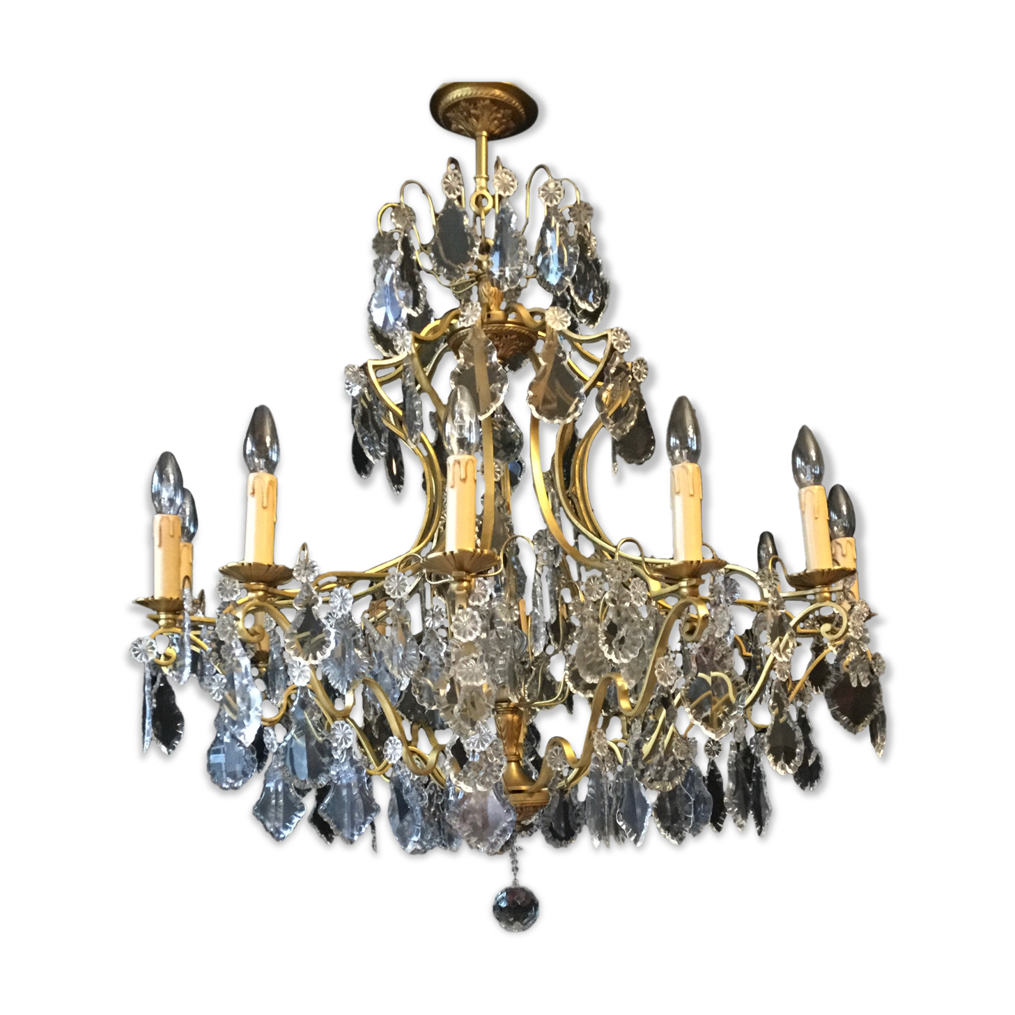 12-light bronze and crystal chandelier