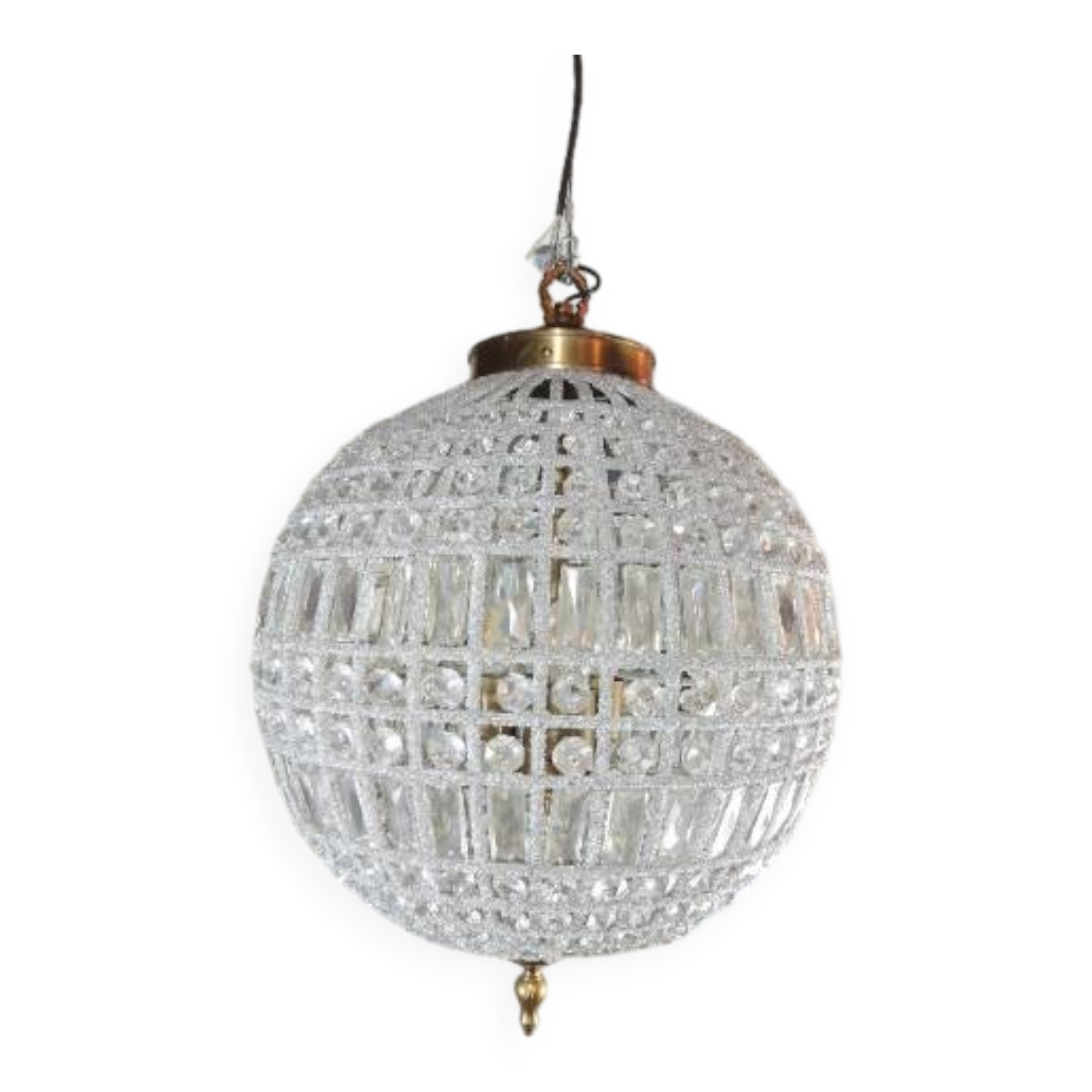 Spherical pendant light with crystal tassels and seed beads / vintage.