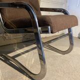 Pair of 70s designer armchairs/chairs in chrome and brown fabric
