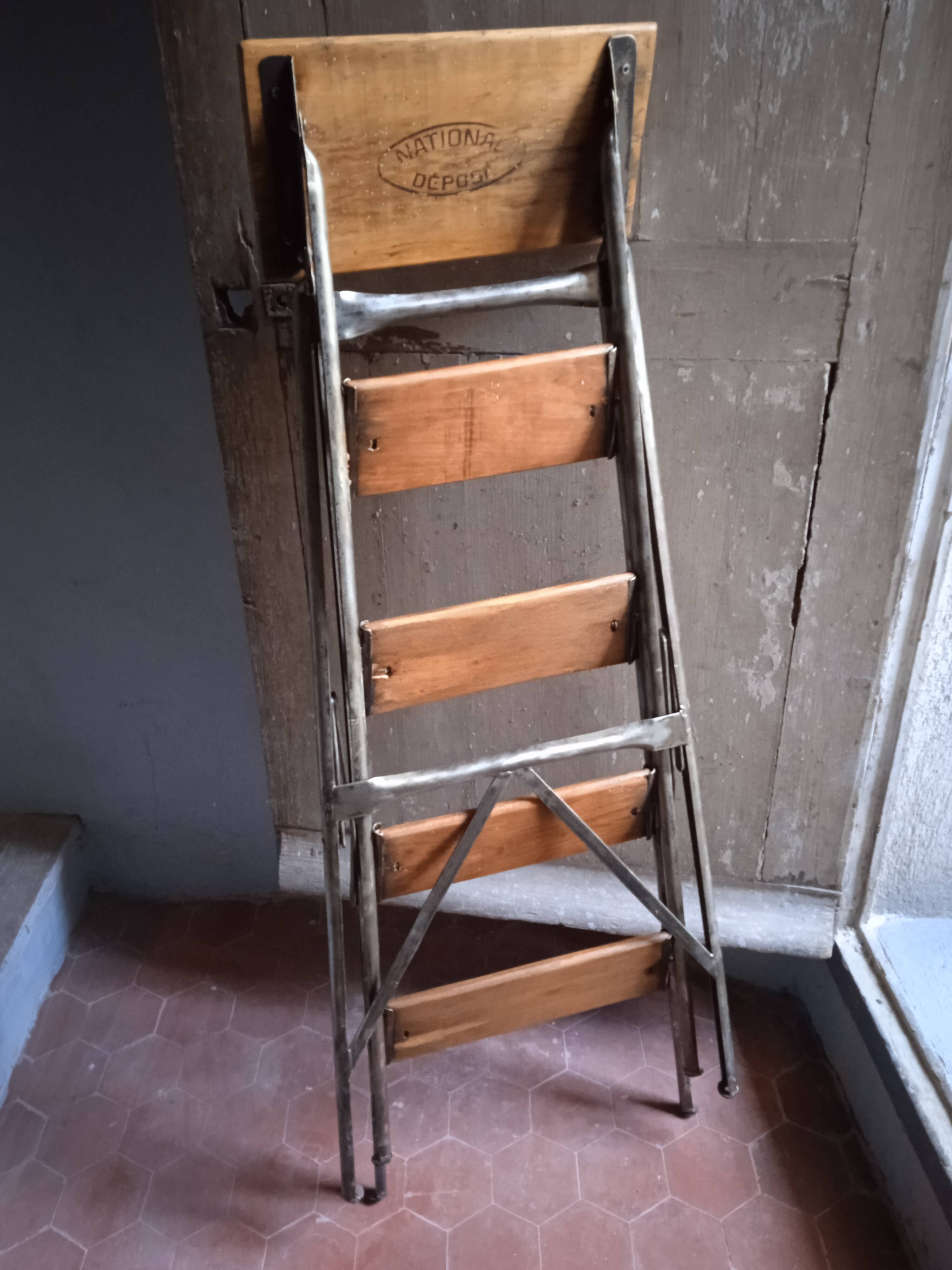 Vintage iron and wood stepladder with 5 steps