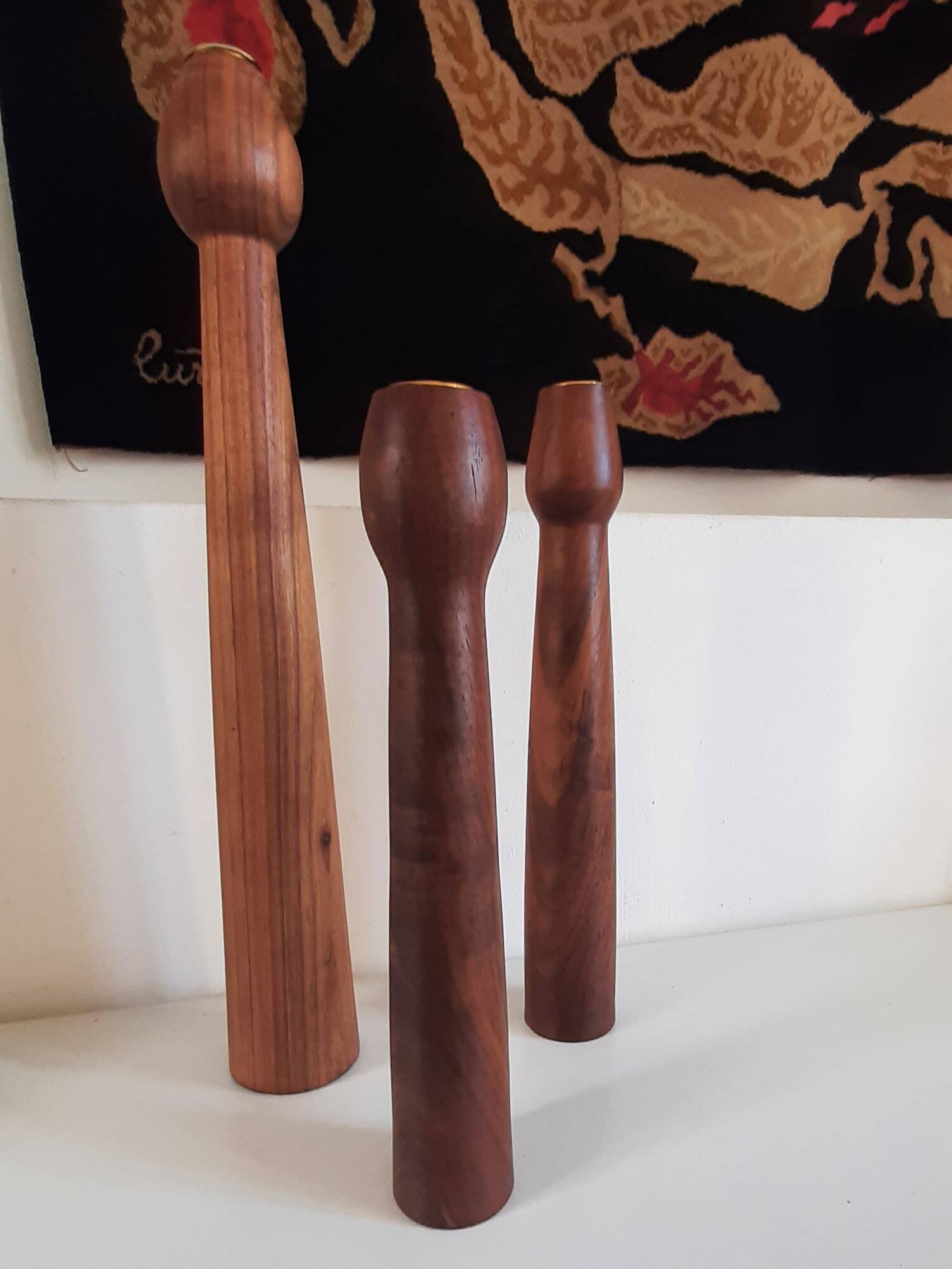 3 Scandinavian teak wood candle holders with brass inserts, Denmark, a