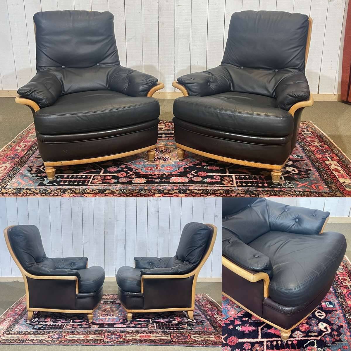Pair of leather and beech armchairs from the 1970s.