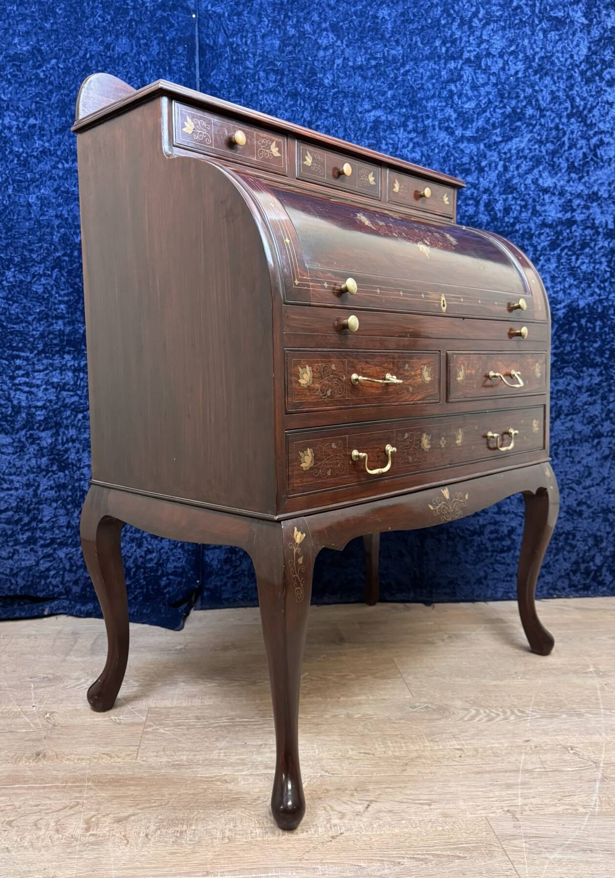 Cylinder desk in mahogany and inlaid marquetry circa 1900