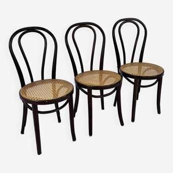 Ensemble de 3 chaises de café en bois courbé et cannage, 1970s