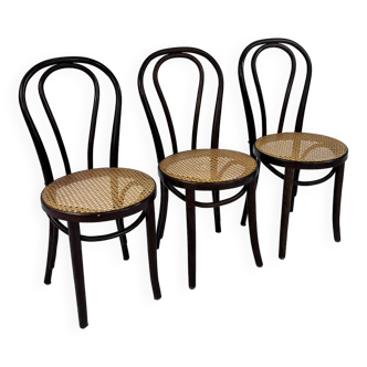 Ensemble de 3 chaises de café en bois courbé et cannage, 1970s