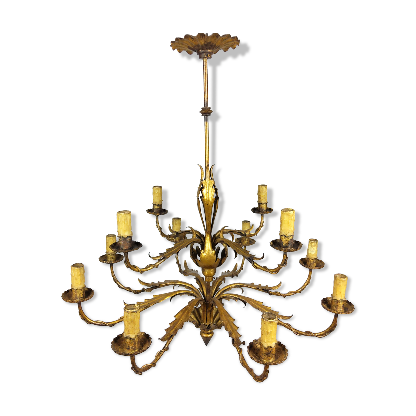 Golden luster with 12 arms of light decorated with leaves 1940