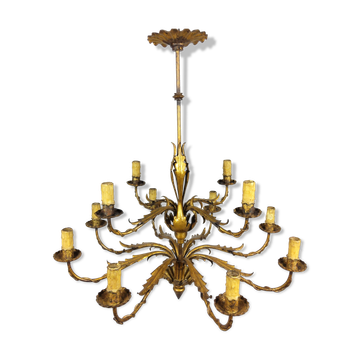Golden luster with 12 arms of light decorated with leaves 1940
