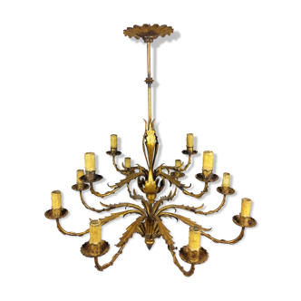 Golden luster with 12 arms of light decorated with leaves 1940
