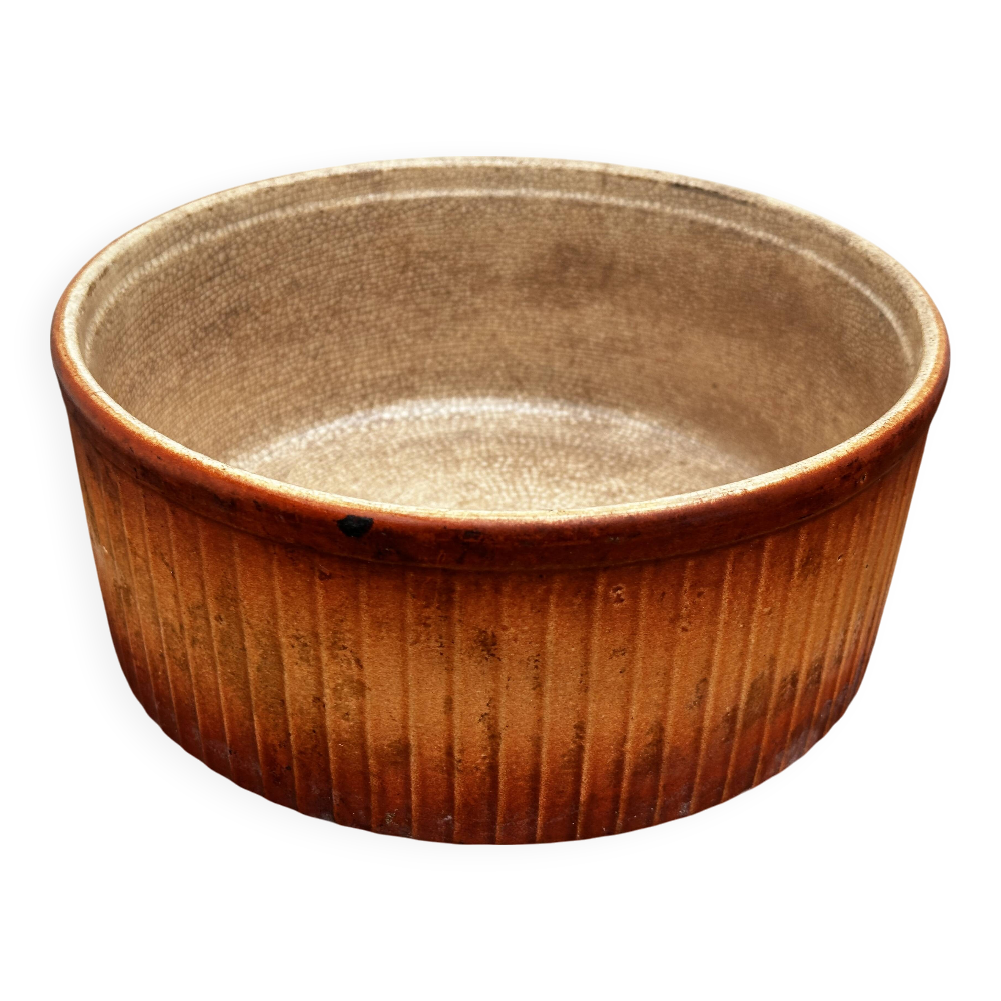 Flat Soufflé Mold in Stoneware, DUROFEU Brand, early 20th century