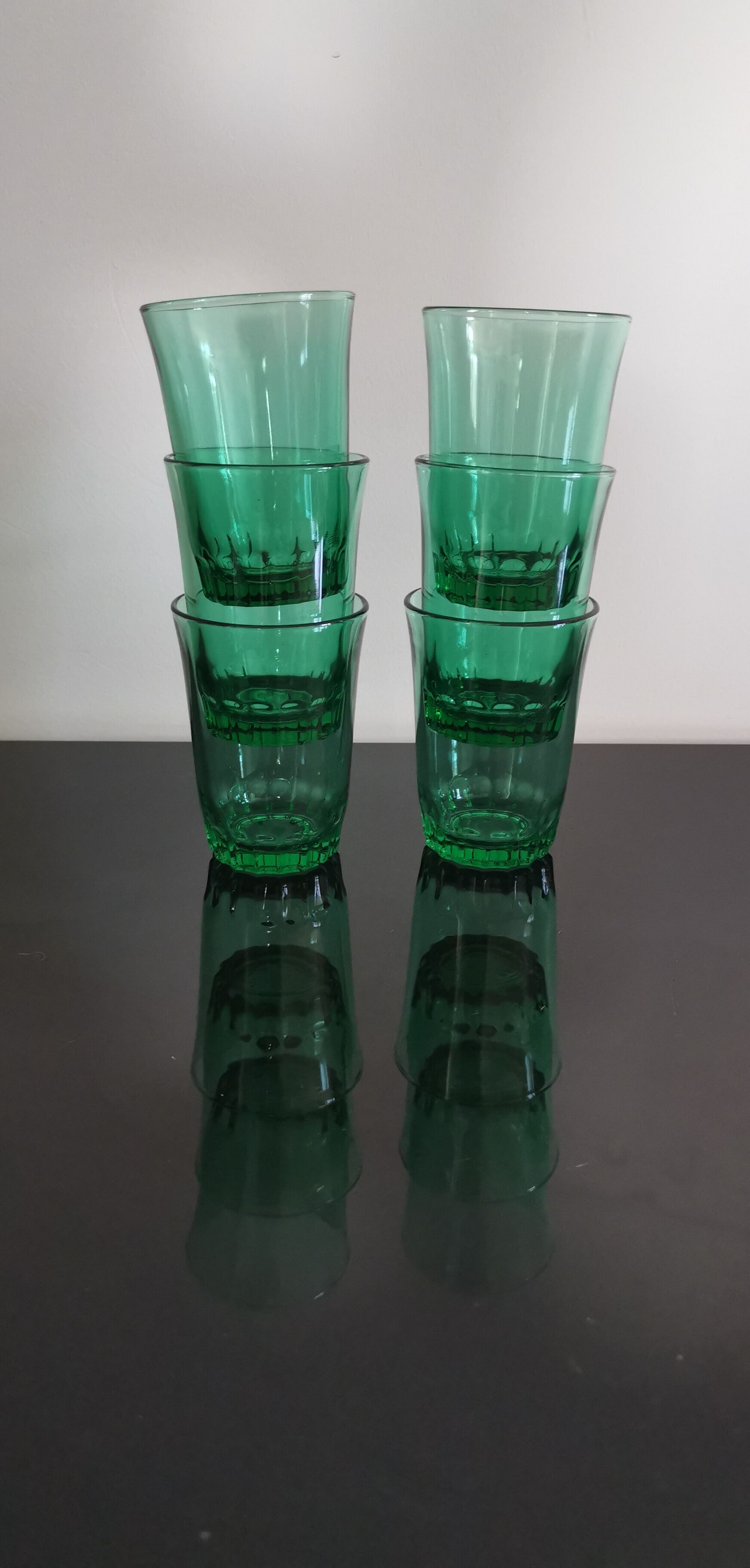 6 old emerald green water glasses