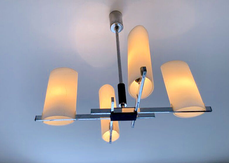 Arlus chandelier chrome, four opaline lights, mid-century France