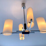 Arlus chandelier chrome, four opaline lights, mid-century France