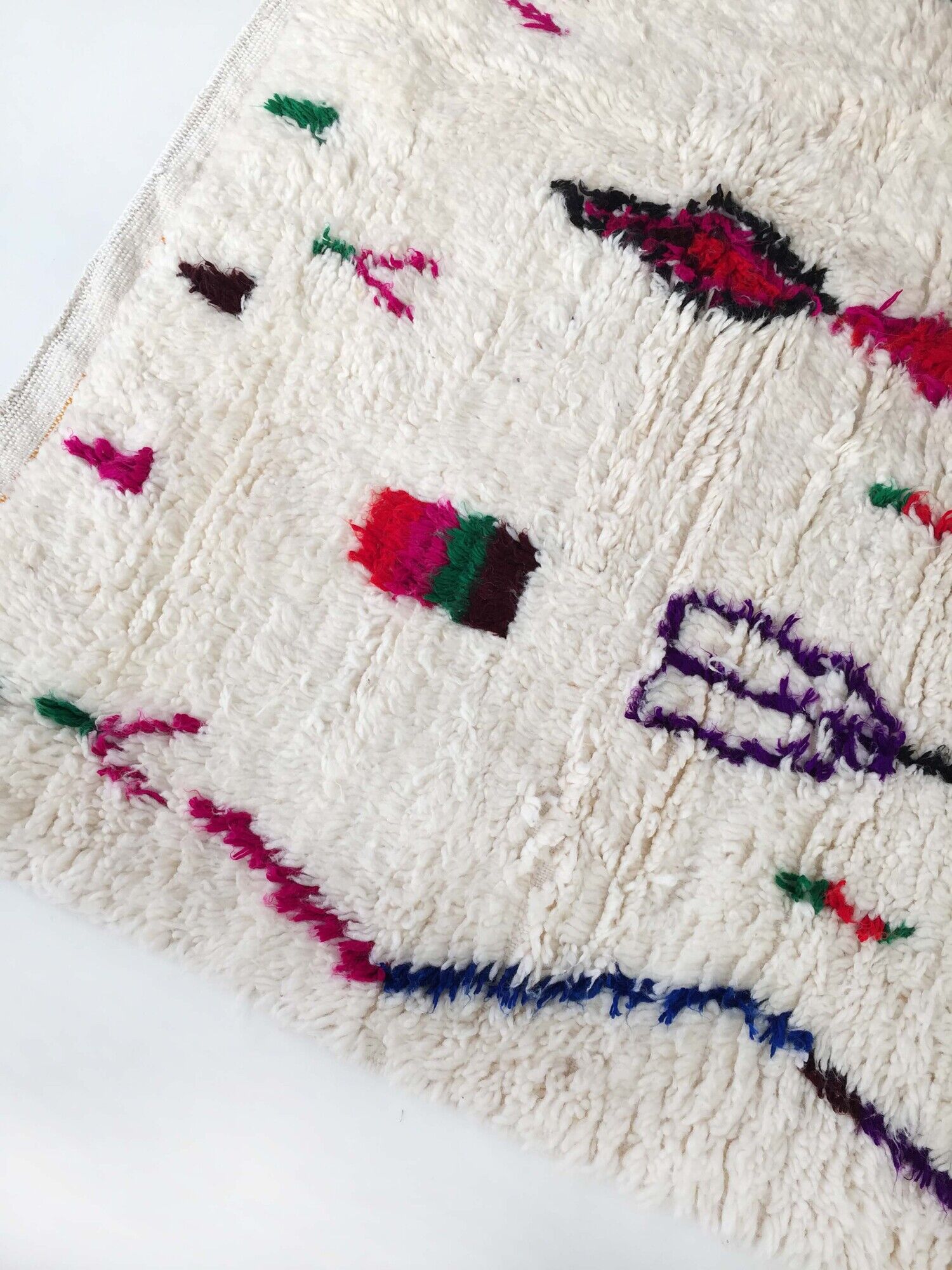 Moroccan Berber carpet Azilal unbleached with colored patterns 242x159cm