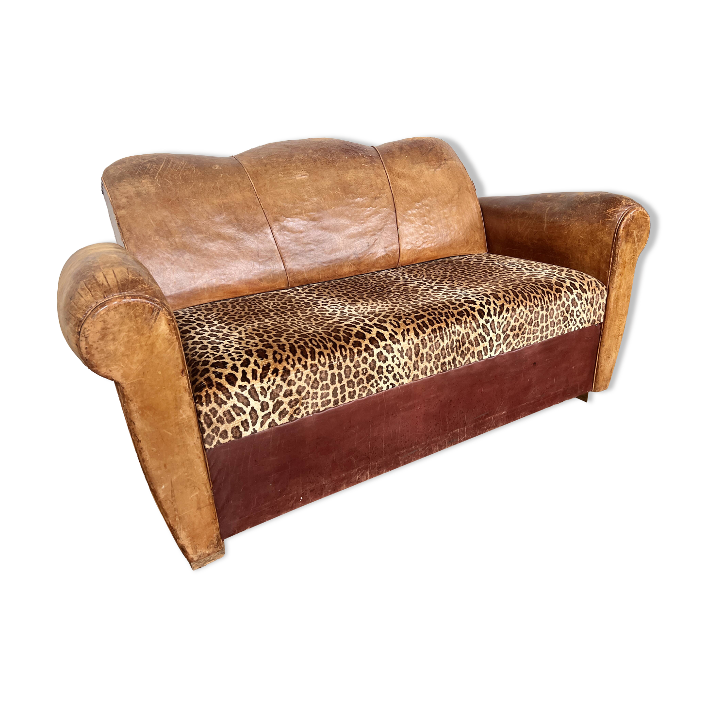 Canapé club Art Déco en cuir et motif léopard