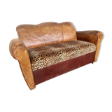 Art Deco club sofa in leather and leopard print