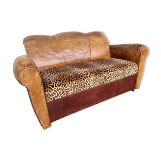 Art Deco club sofa in leather and leopard pattern