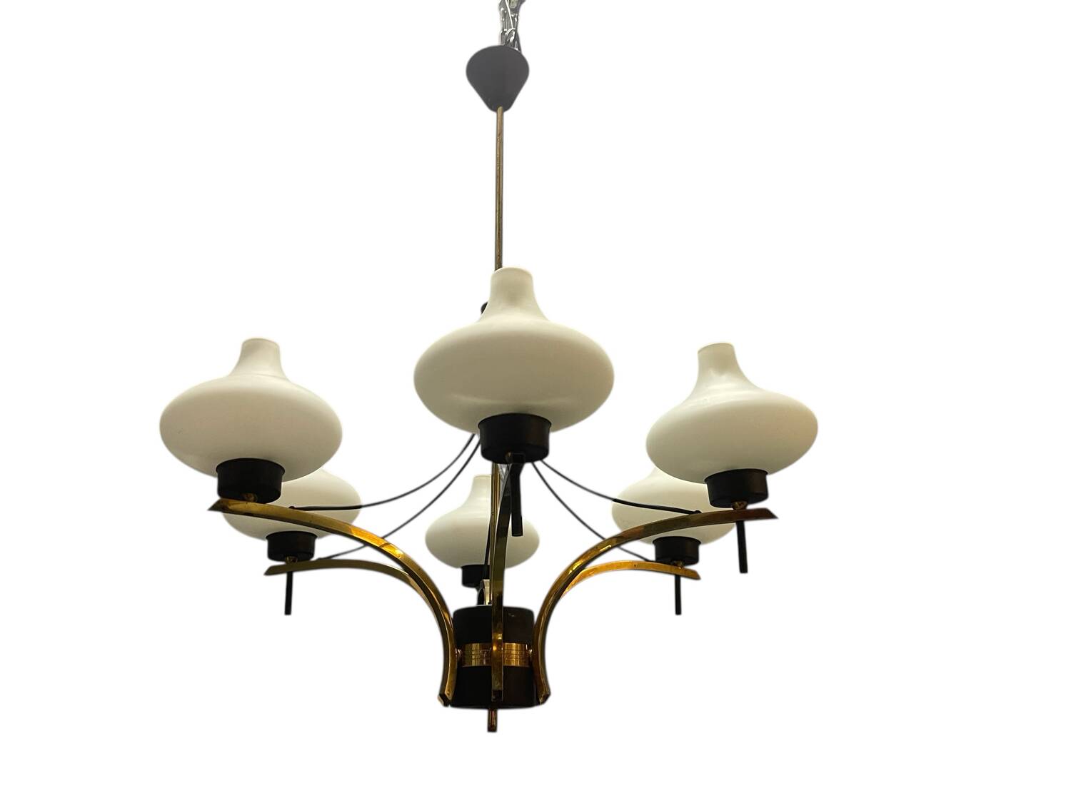 1950s Brass & Opaline Glass Six-Light Chandelier