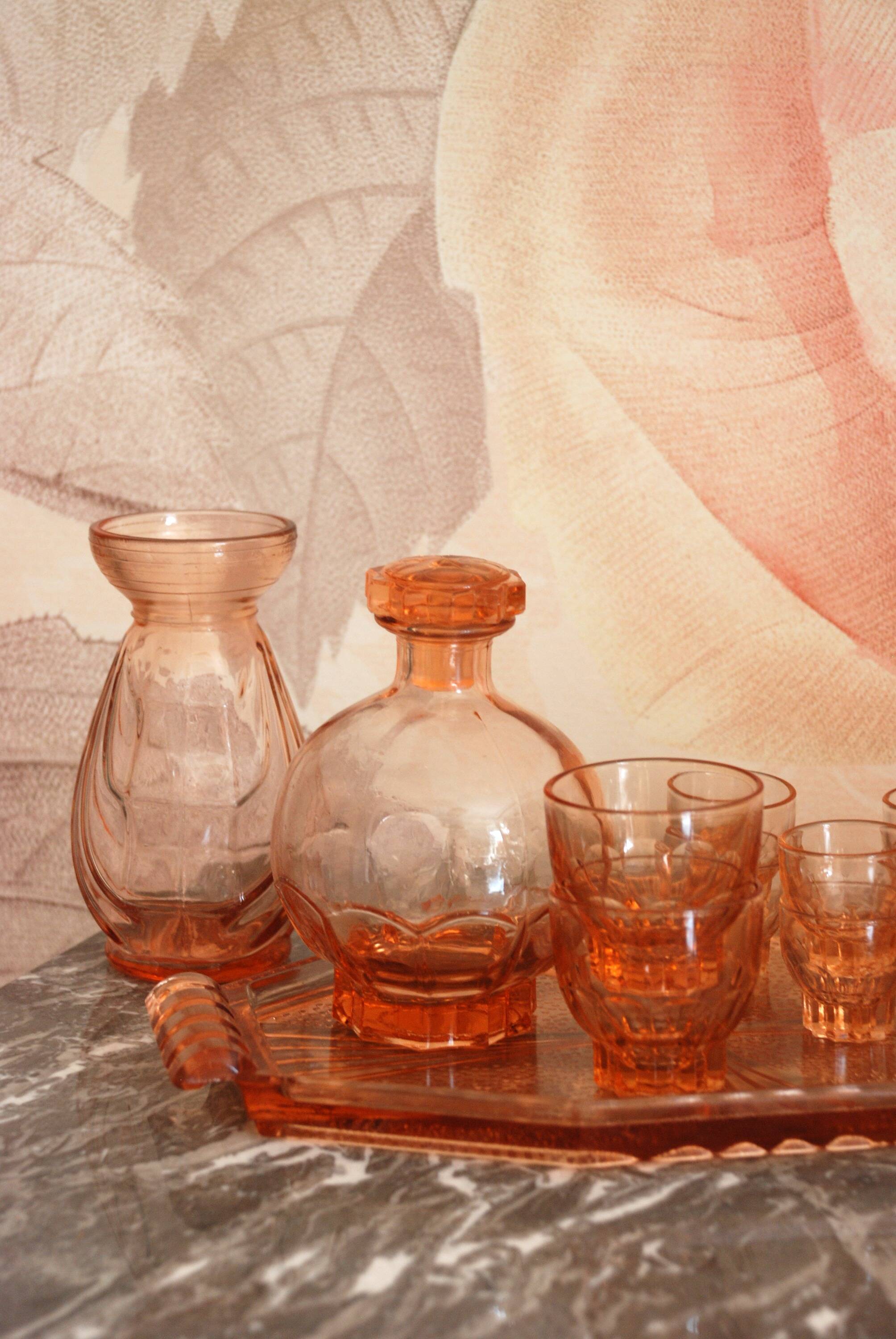 Pink glass liqueur set and accessories from the 1950s