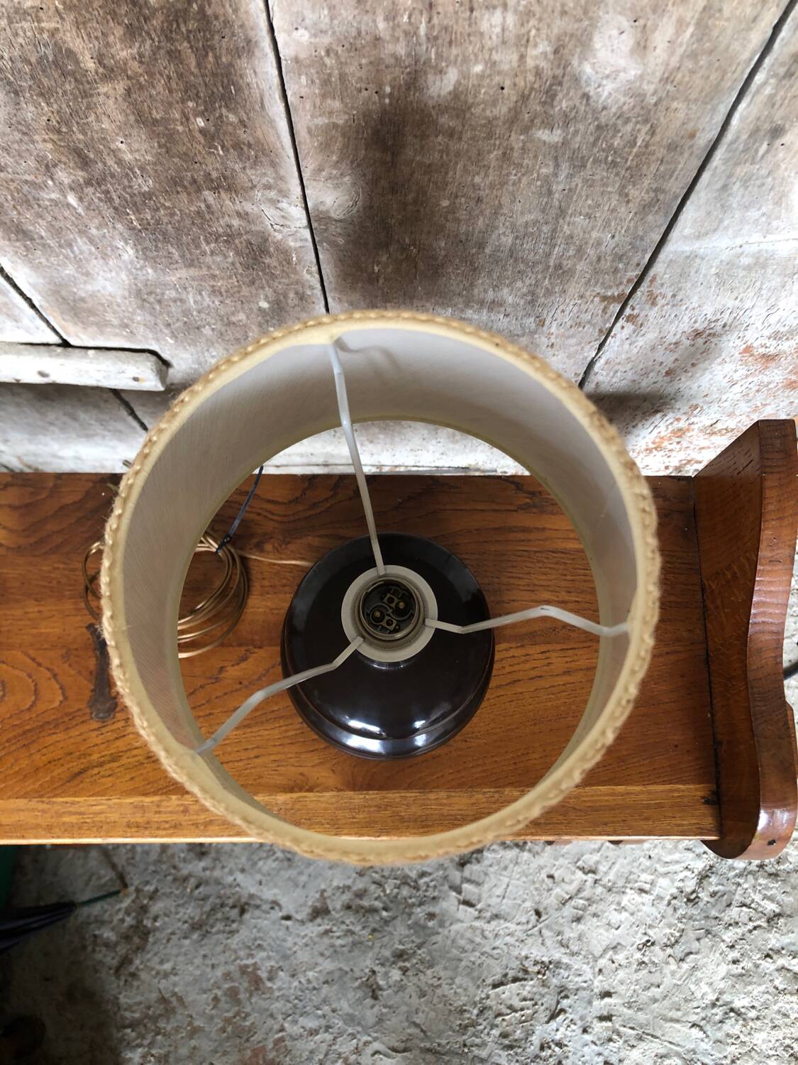 Old Brown Molded Glass Lamp + Beige Lampshade 70's Vintage #A832